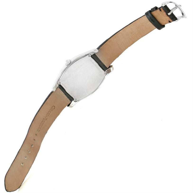 The image shows the back view of a Girard Perregaux Tortue Stainless Steel Diamond Ladies Watch 2656 model by Girard-Perregaux 2656 Women's Stainless Steel Silver Dial 2656 Women's Stainless Steel Silver Dial with the strap open.