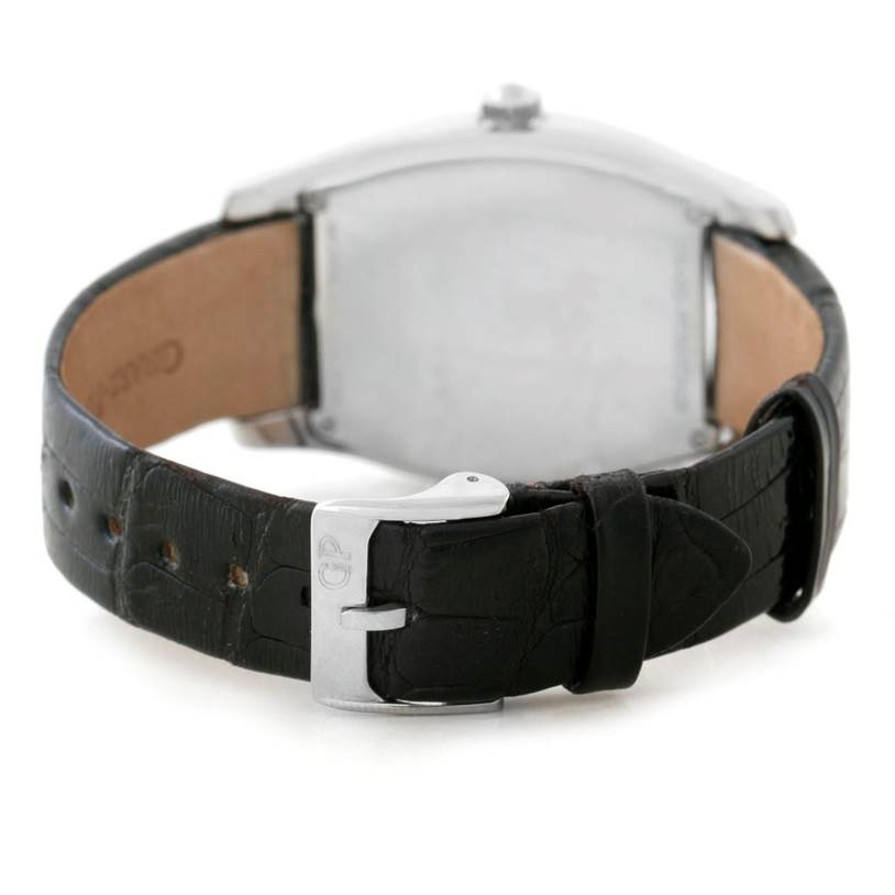 The image shows the back view of a Girard Perregaux Tortue Stainless Steel Diamond Ladies Watch model 2656, focusing on the clasp and leather strap.