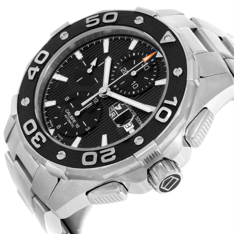 The image shows an angled view of the face, bezel, chronograph dials, and bracelet of a Tag Heuer Aquaracer CAJ2110.BA0872 Men's Stainless Steel Black Dial CAJ2110.BA0872 Men's Stainless Steel Black Dial watch.