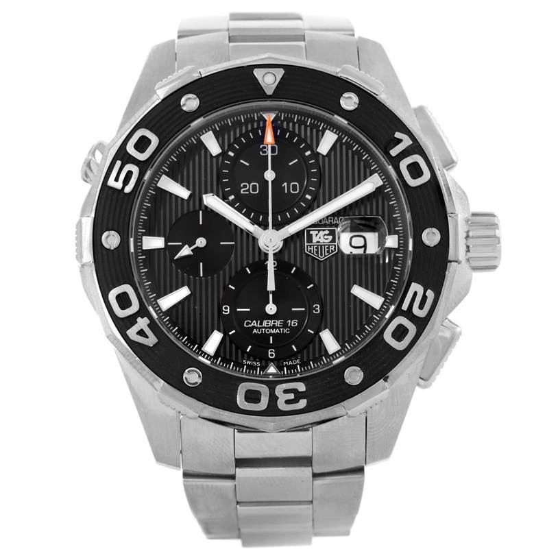 The image shows a front view of a Tag Heuer Aquaracer CAJ2110.BA0872 Men's Stainless Steel Black Dial CAJ2110.BA0872 Men's Stainless Steel Black Dial watch, displaying its face, bezel, and metal bracelet.