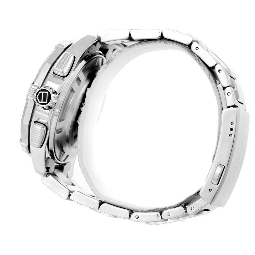 The image shows a side view of the Tag Heuer Aquaracer CAJ2110.BA0872 Men's Stainless Steel Black Dial CAJ2110.BA0872 Men's Stainless Steel Black Dial watch, highlighting the case, crown, and metal bracelet.