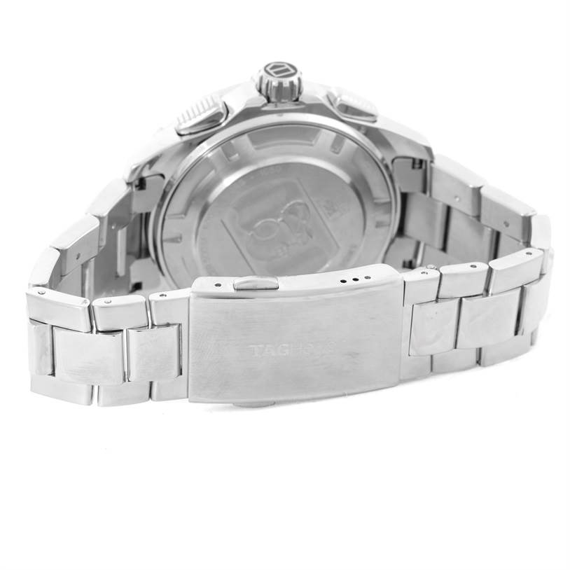 The image shows the back case and clasp of a Tag Heuer Aquaracer CAJ2110.BA0872 Men's Stainless Steel Black Dial CAJ2110.BA0872 Men's Stainless Steel Black Dial watch, viewed from a rear angle.