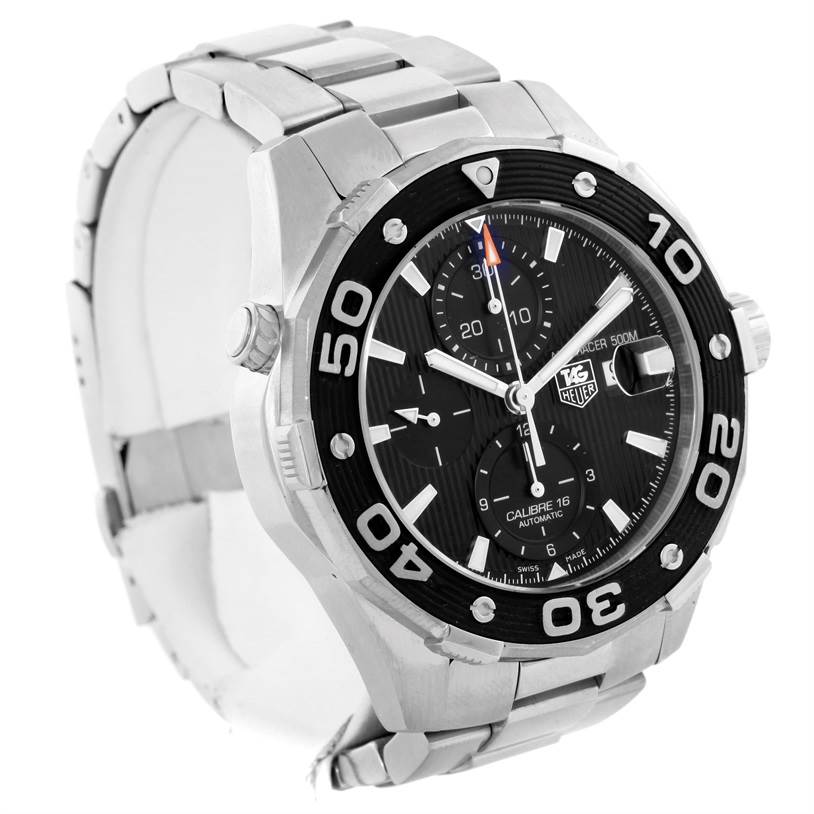 The image shows a Tag Heuer Aquaracer CAJ2110.BA0872 Men's Stainless Steel Black Dial CAJ2110.BA0872 Men's Stainless Steel Black Dial watch at an angle highlighting the face, bezel, and metal bracelet.