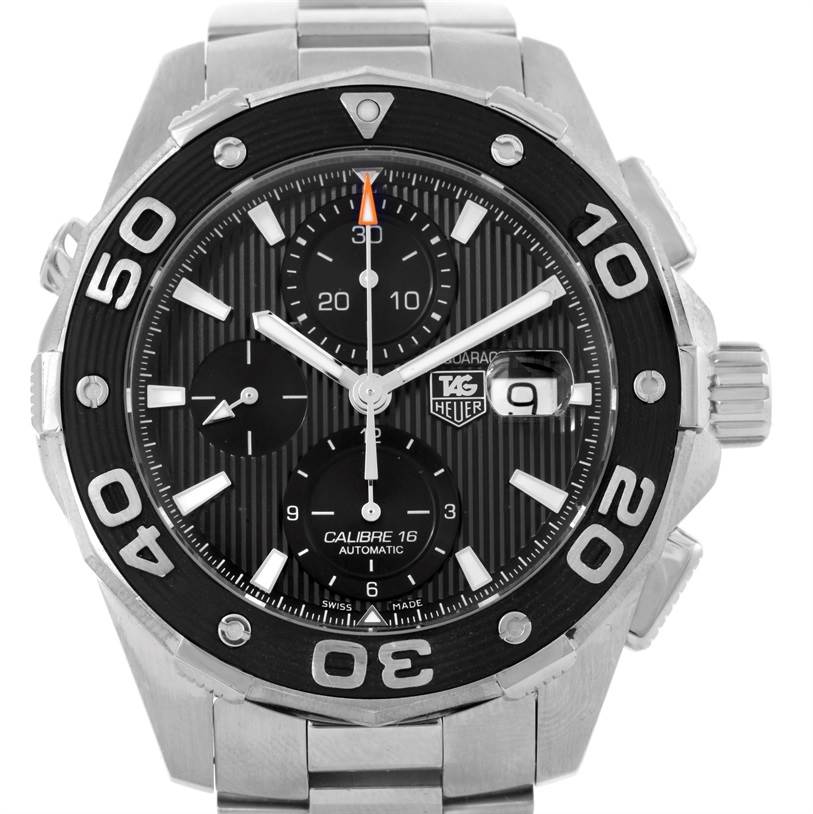 This image shows a front view of the Tag Heuer Aquaracer CAJ2110.BA0872 Men's Stainless Steel Black Dial CAJ2110.BA0872 Men's Stainless Steel Black Dial watch, displaying the dial, bezel, and part of the stainless steel band.