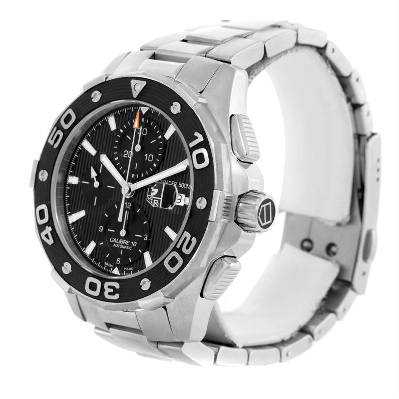 The image shows a Tag Heuer Aquaracer CAJ2110.BA0872 Men's Stainless Steel Black Dial CAJ2110.BA0872 Men's Stainless Steel Black Dial watch at an angle highlighting its face, bezel, crown, and metal bracelet.