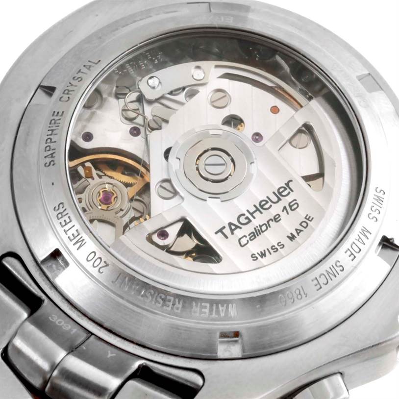 The image shows the back view of the Tag Heuer Link CJF211A.BA0594 Men's Stainless Steel Black Dial CJF211A.BA0594 Men's Stainless Steel Black Dial watch, revealing the Calibre 16 movement and sapphire crystal case back.