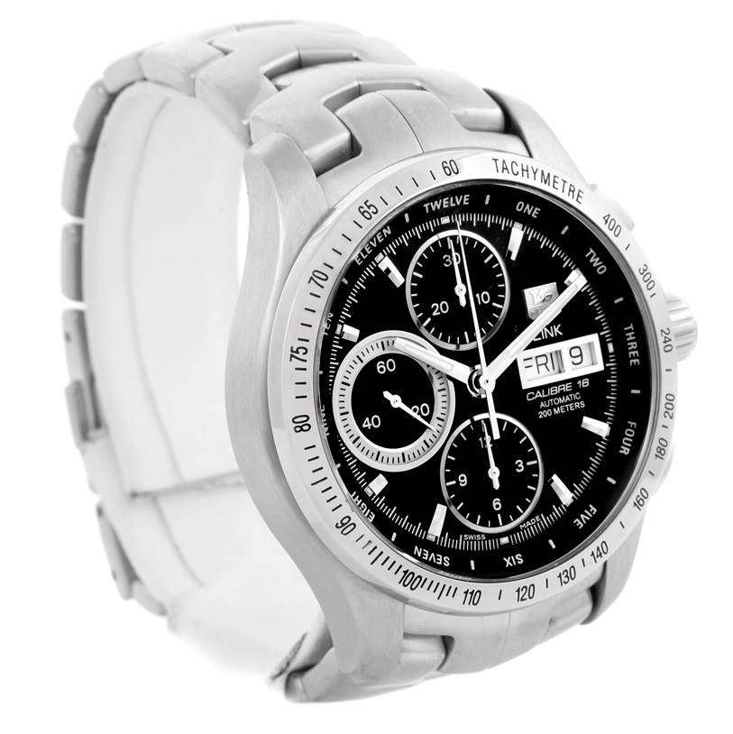 The image shows a Tag Heuer Link CJF211A.BA0594 Men's Stainless Steel Black Dial CJF211A.BA0594 Men's Stainless Steel Black Dial model watch from a front-left angle, highlighting the bracelet, dial, and tachymeter bezel.