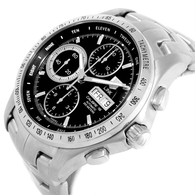 The image shows a close-up, angled view of the Tag Heuer Link CJF211A.BA0594 Men's Stainless Steel Black Dial CJF211A.BA0594 Men's Stainless Steel Black Dial watch, highlighting its dial, bezel, date display, and chronograph buttons.
