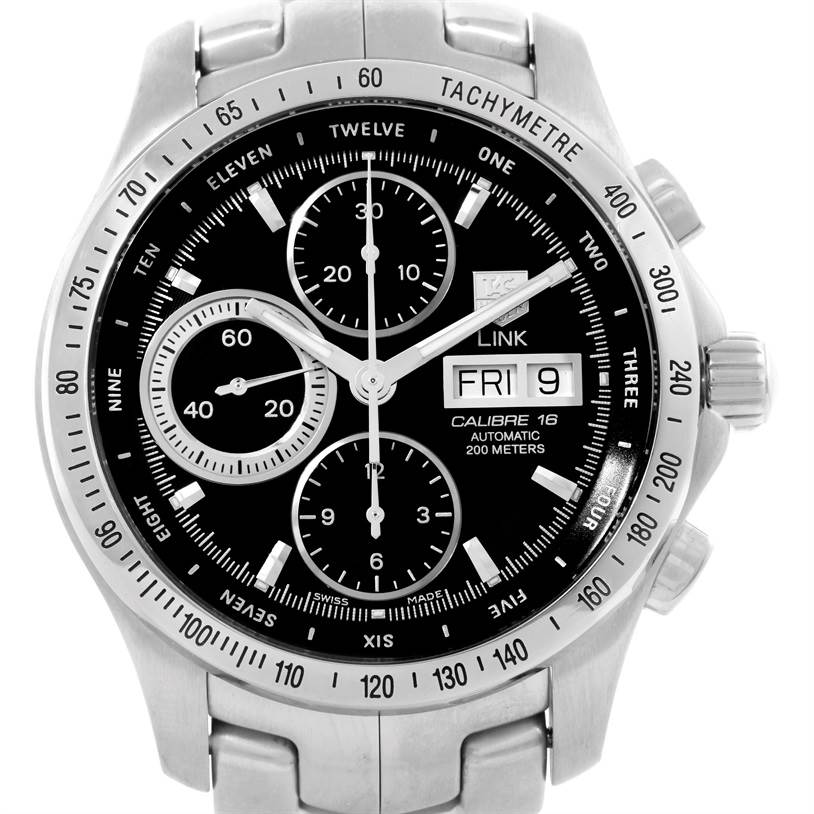 The image shows a Tag Heuer Link CJF211A.BA0594 Men's Stainless Steel Black Dial CJF211A.BA0594 Men's Stainless Steel Black Dial model watch from a straight-on angle, highlighting the face, tachymetre scale, three sub-dials, and date display.
