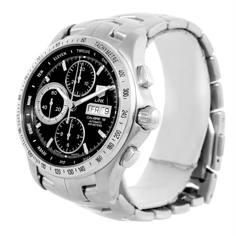 This image shows a Tag Heuer Link CJF211A.BA0594 Men's Stainless Steel Black Dial CJF211A.BA0594 Men's Stainless Steel Black Dial model watch from an angled side view, displaying the face, crown, and stainless steel bracelet.