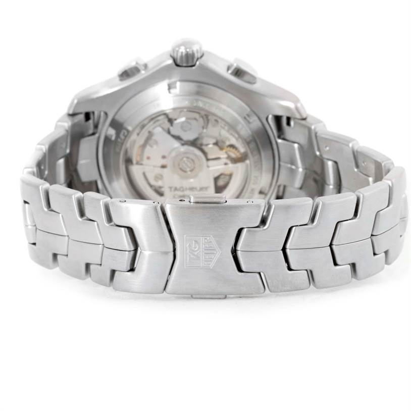 This image shows the back of a Tag Heuer Link CJF211A.BA0594 Men's Stainless Steel Black Dial CJF211A.BA0594 Men's Stainless Steel Black Dial model watch, displaying its stainless steel bracelet and transparent case back.