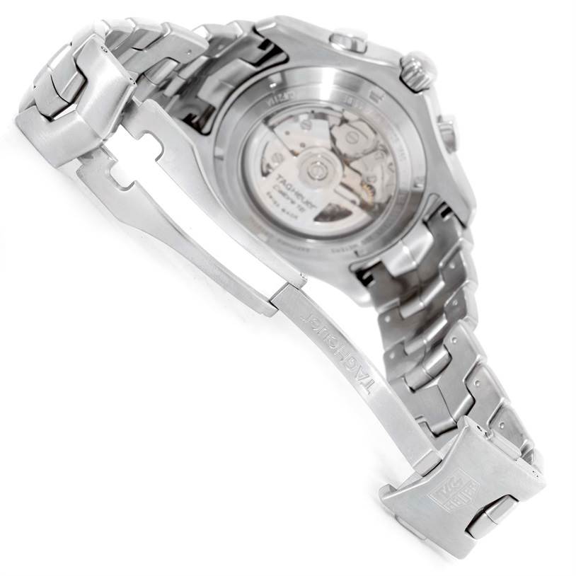 The image shows the Tag Heuer Link CJF211A.BA0594 Men's Stainless Steel Black Dial CJF211A.BA0594 Men's Stainless Steel Black Dial model watch from the back, highlighting the clasp and open case back revealing the movement.