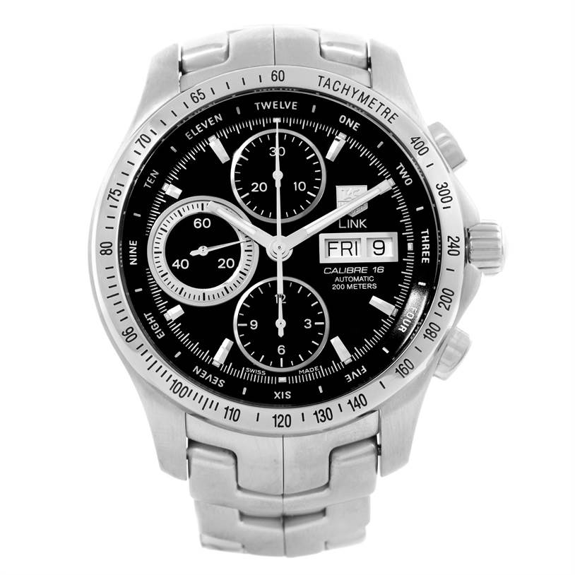 The image shows a front view of the Tag Heuer Link CJF211A.BA0594 Men's Stainless Steel Black Dial CJF211A.BA0594 Men's Stainless Steel Black Dial model watch, featuring its bezel, chronograph dials, and bracelet.
