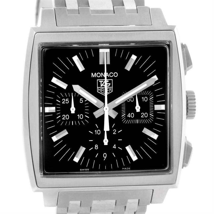 This image shows a front view of the Tag Heuer Monaco CW2111.BA0780 Men's Stainless Steel Black Dial CW2111.BA0780 Men's Stainless Steel Black Dial watch, highlighting its square black dial, subdials, and bracelet.