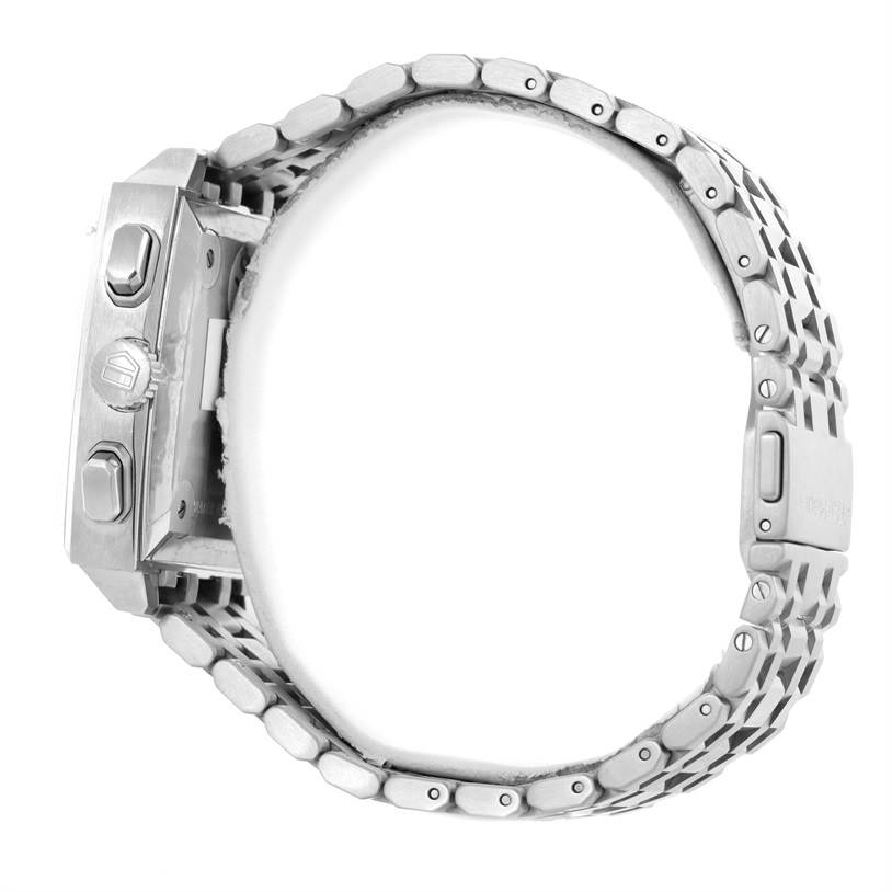 The image shows a side view of the Tag Heuer Monaco CW2111.BA0780 Men's Stainless Steel Black Dial CW2111.BA0780 Men's Stainless Steel Black Dial watch, highlighting the side buttons and metal bracelet.