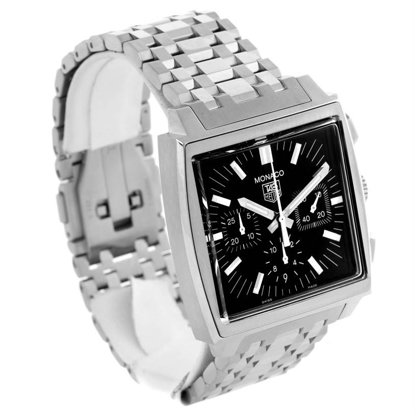 The image shows a Tag Heuer Monaco CW2111.BA0780 Men's Stainless Steel Black Dial CW2111.BA0780 Men's Stainless Steel Black Dial watch angled left, revealing its black dial and metal bracelet.