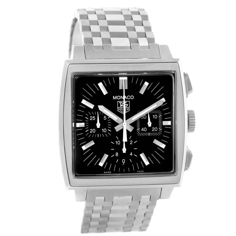 The image shows a front view of the Tag Heuer Monaco CW2111.BA0780 Men's Stainless Steel Black Dial CW2111.BA0780 Men's Stainless Steel Black Dial watch, including the dial, case, and bracelet.