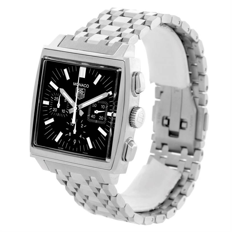 This image shows a three-quarter angle of a Tag Heuer Monaco CW2111.BA0780 Men's Stainless Steel Black Dial CW2111.BA0780 Men's Stainless Steel Black Dial watch, highlighting its square face, chronograph dials, and metal bracelet.