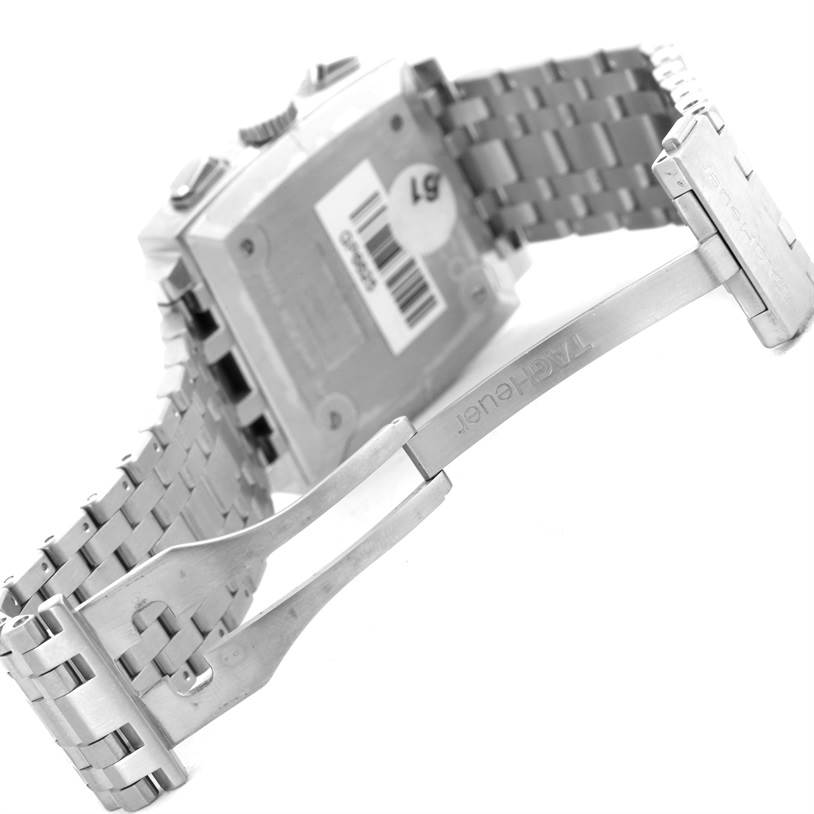 This image shows the back case and clasp of a Tag Heuer Monaco CW2111.BA0780 Men's Stainless Steel Black Dial CW2111.BA0780 Men's Stainless Steel Black Dial watch at an angled rear view.