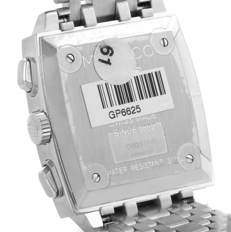 This image shows the back case and bracelet of a Tag Heuer Monaco CW2111.BA0780 Men's Stainless Steel Black Dial CW2111.BA0780 Men's Stainless Steel Black Dial watch.