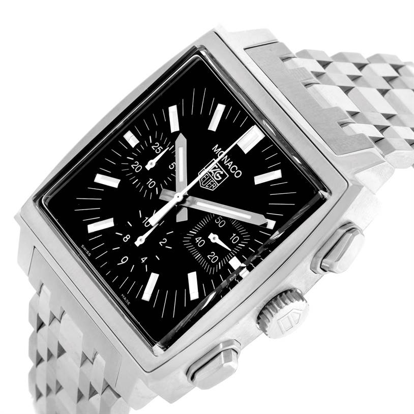 The angle displays the black dial, chronograph subdials, crown, and metal bracelet of the Tag Heuer Monaco CW2111.BA0780 Men's Stainless Steel Black Dial CW2111.BA0780 Men's Stainless Steel Black Dial watch.