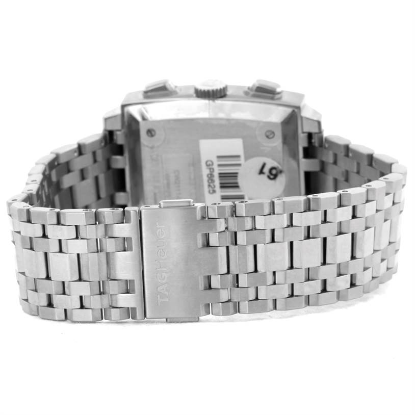 The image shows the back view of a Tag Heuer Monaco CW2111.BA0780 Men's Stainless Steel Black Dial CW2111.BA0780 Men's Stainless Steel Black Dial model watch, highlighting its stainless steel bracelet and clasp.