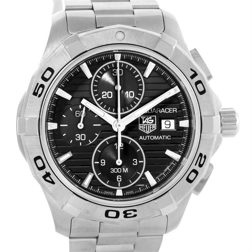 The image shows a front view of the Tag Heuer Aquaracer CAP2110.BA0833 Men's Stainless Steel Black Dial CAP2110.BA0833 Men's Stainless Steel Black Dial watch, highlighting its face, bezel, and bracelet.