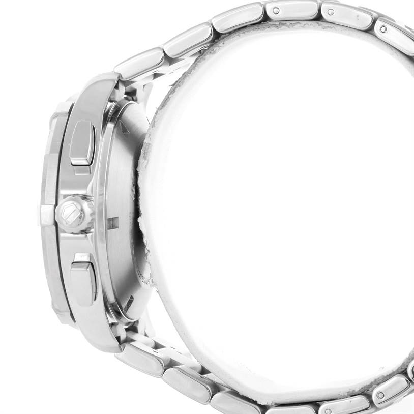 The image shows a side view of the Tag Heuer Aquaracer CAP2110.BA0833 Men's Stainless Steel Black Dial CAP2110.BA0833 Men's Stainless Steel Black Dial watch, highlighting the crown, pushers, and part of the bracelet.