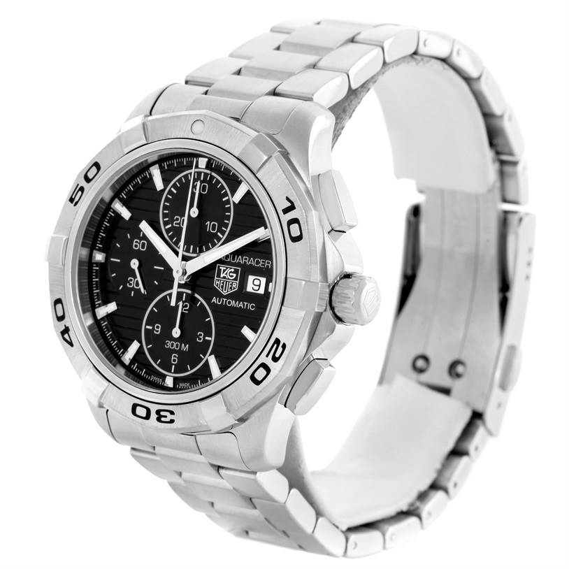The image shows a Tag Heuer Aquaracer CAP2110.BA0833 Men's Stainless Steel Black Dial CAP2110.BA0833 Men's Stainless Steel Black Dial watch at a three-quarter angle, highlighting the face, bezel, and metal bracelet.