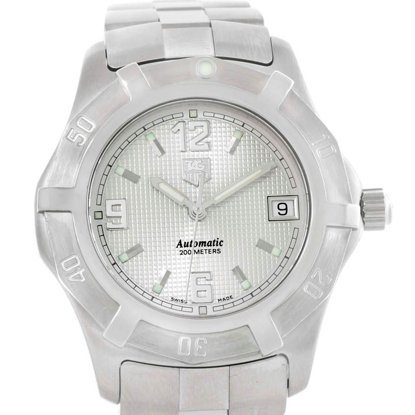 The image shows a front view of the Tag Heuer Aquaracer WN2110.BA0359 Men's Stainless Steel Silver Dial WN2110.BA0359 Men's Stainless Steel Silver Dial watch, displaying its face, bezel, and part of the bracelet.