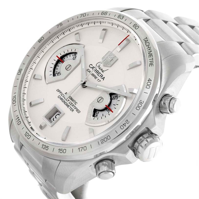 The image shows a Tag Heuer Carrera CAV511B Men's Stainless Steel Silver Dial CAV511B Men's Stainless Steel Silver Dial watch at a three-quarter angle, highlighting the face, bezel, pushers, and part of the metal bracelet.