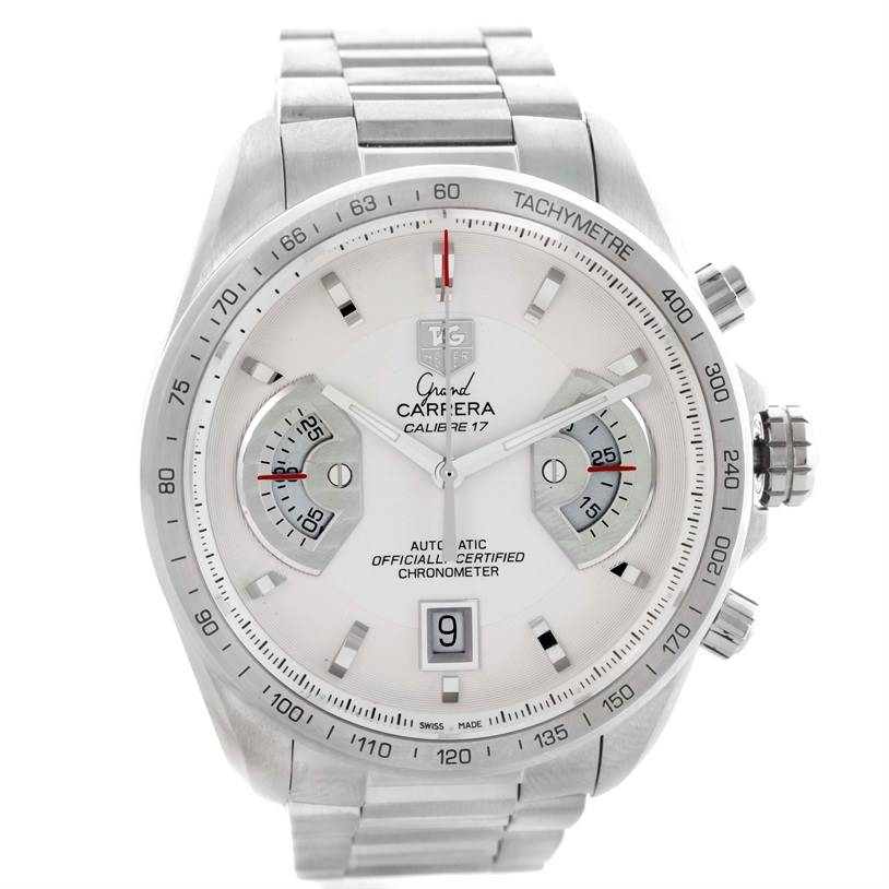 The image shows a frontal view of the Tag Heuer Carrera CAV511B Men's Stainless Steel Silver Dial CAV511B Men's Stainless Steel Silver Dial Calibre 17 watch with a metallic band and tachymeter bezel.