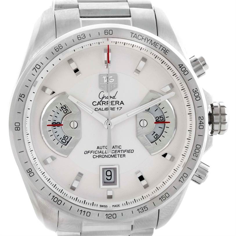 The Tag Heuer Carrera CAV511B Men's Stainless Steel Silver Dial CAV511B Men's Stainless Steel Silver Dial watch shown is at a front angle, highlighting the dial, tachymeter, and its subdials.