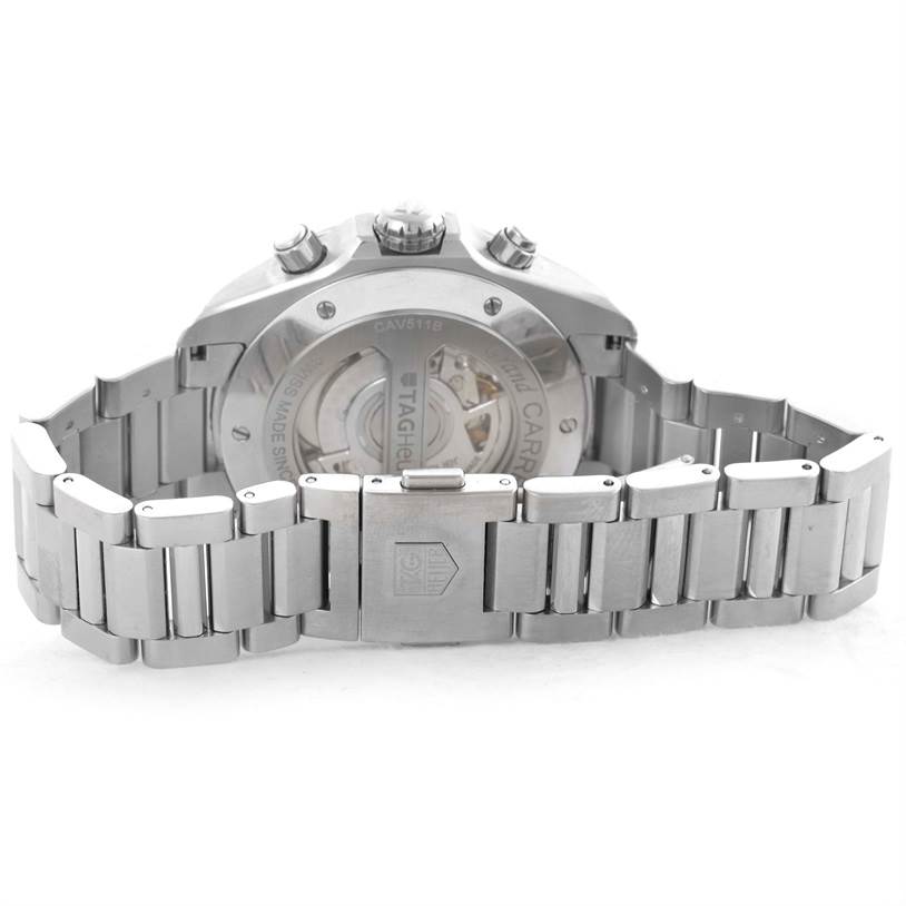 The image shows the back view of a Tag Heuer Carrera CAV511B Men's Stainless Steel Silver Dial CAV511B Men's Stainless Steel Silver Dial watch, highlighting its metal bracelet and exposed mechanism.