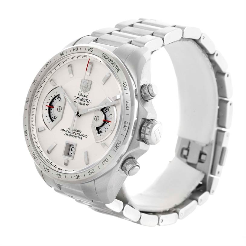 The image shows the face and side of the Tag Heuer Carrera CAV511B Men's Stainless Steel Silver Dial CAV511B Men's Stainless Steel Silver Dial watch, highlighting its tachymeter and chronograph dials.