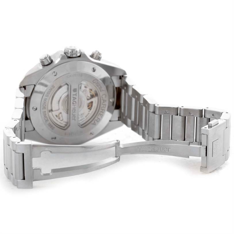 The image shows the back view of a Tag Heuer Carrera CAV511B Men's Stainless Steel Silver Dial CAV511B Men's Stainless Steel Silver Dial watch, highlighting its open clasp and visible mechanical movement.
