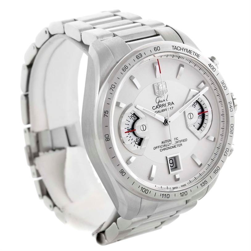 The image shows a Tag Heuer Carrera CAV511B Men's Stainless Steel Silver Dial CAV511B Men's Stainless Steel Silver Dial watch from a front left angle, displaying the dial, bezel, and metal bracelet.
