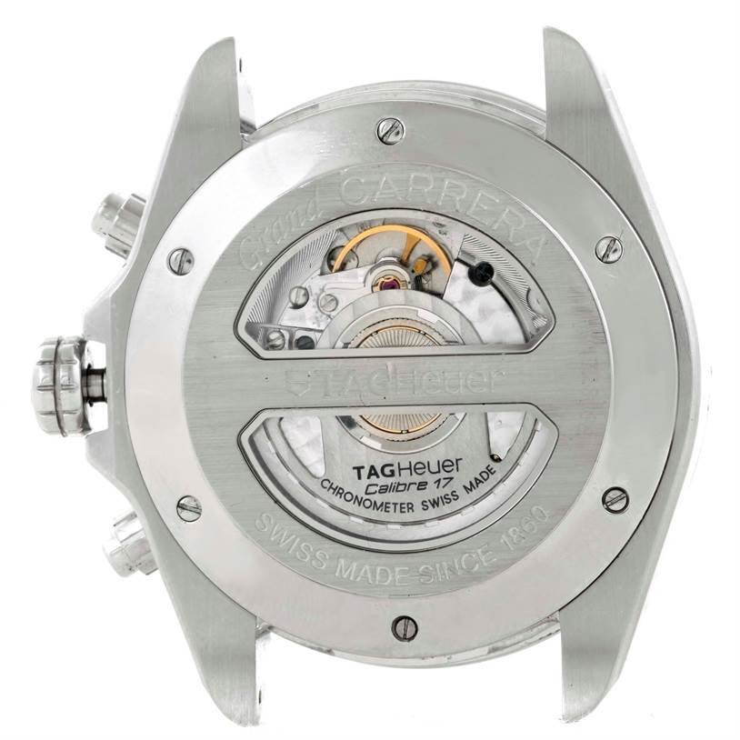 The image shows the back view of a Tag Heuer Carrera CAV511A Men's Stainless Steel Black Dial CAV511A Men's Stainless Steel Black Dial watch, revealing the movement and internal mechanisms.