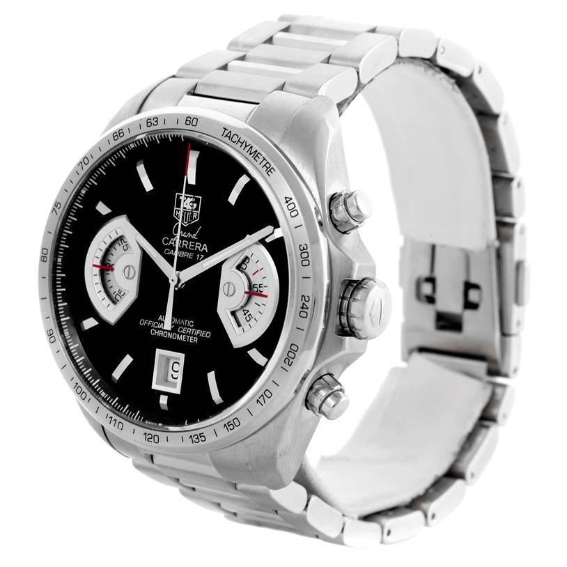 The image shows a Tag Heuer Carrera CAV511A Men's Stainless Steel Black Dial CAV511A Men's Stainless Steel Black Dial watch from a side angle, highlighting the bezel, dial, pushers, and bracelet.