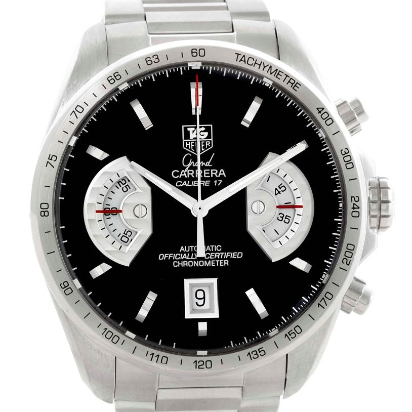The image shows a front view of a Tag Heuer Carrera CAV511A Men's Stainless Steel Black Dial CAV511A Men's Stainless Steel Black Dial watch, highlighting its black dial, subdials, date window, and stainless steel bracelet.