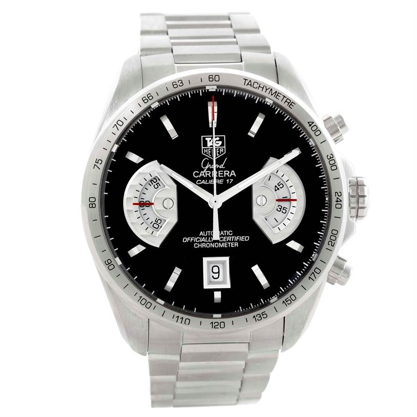 The image shows a front-facing view of the Tag Heuer Carrera CAV511A Men's Stainless Steel Black Dial CAV511A Men's Stainless Steel Black Dial watch, highlighting its black dial, silver-tone markers, subdials, and metal bracelet.
