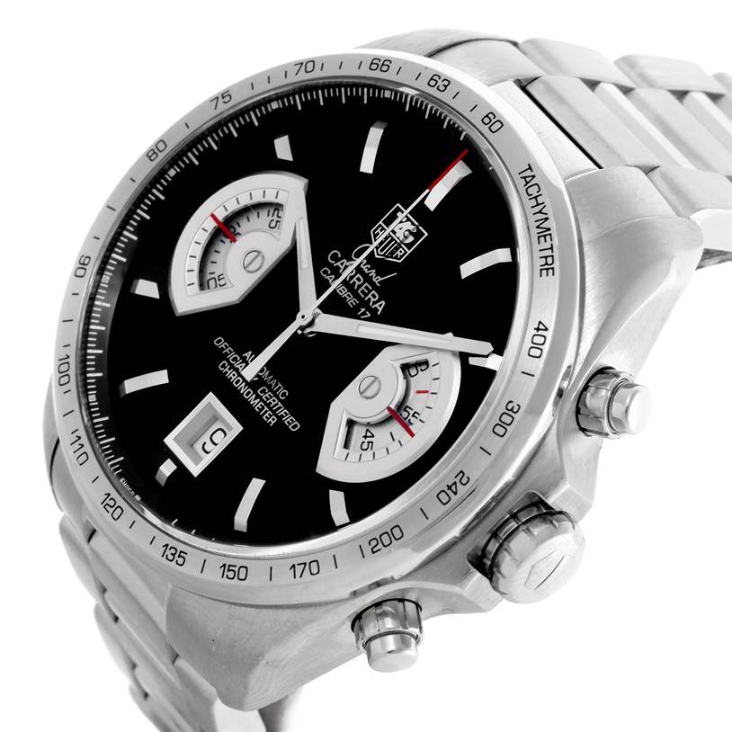 The Tag Heuer Carrera CAV511A Men's Stainless Steel Black Dial CAV511A Men's Stainless Steel Black Dial watch is shown at an angled close-up, highlighting the face, tachymeter, subdials, and side buttons.