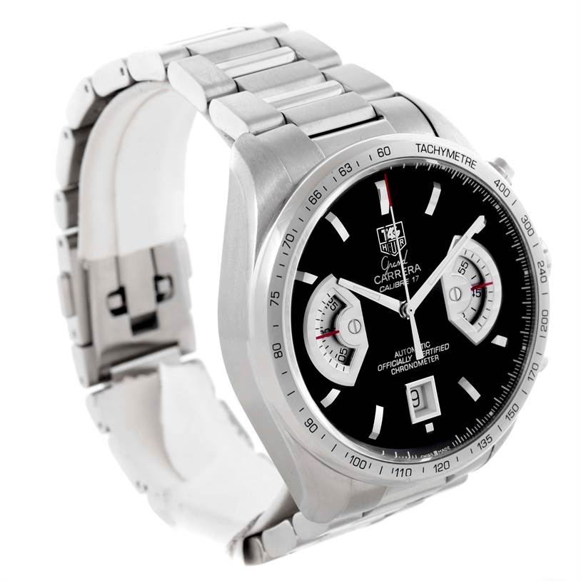 This image shows a Tag Heuer Carrera CAV511A Men's Stainless Steel Black Dial CAV511A Men's Stainless Steel Black Dial watch angled to display its face, bezel, and partially its strap.