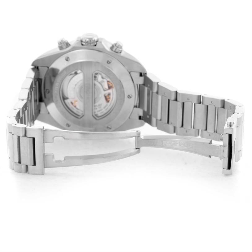 The image shows the back view of a Tag Heuer Carrera CAV511A Men's Stainless Steel Black Dial CAV511A Men's Stainless Steel Black Dial watch, highlighting the open clasp and stainless steel bracelet.