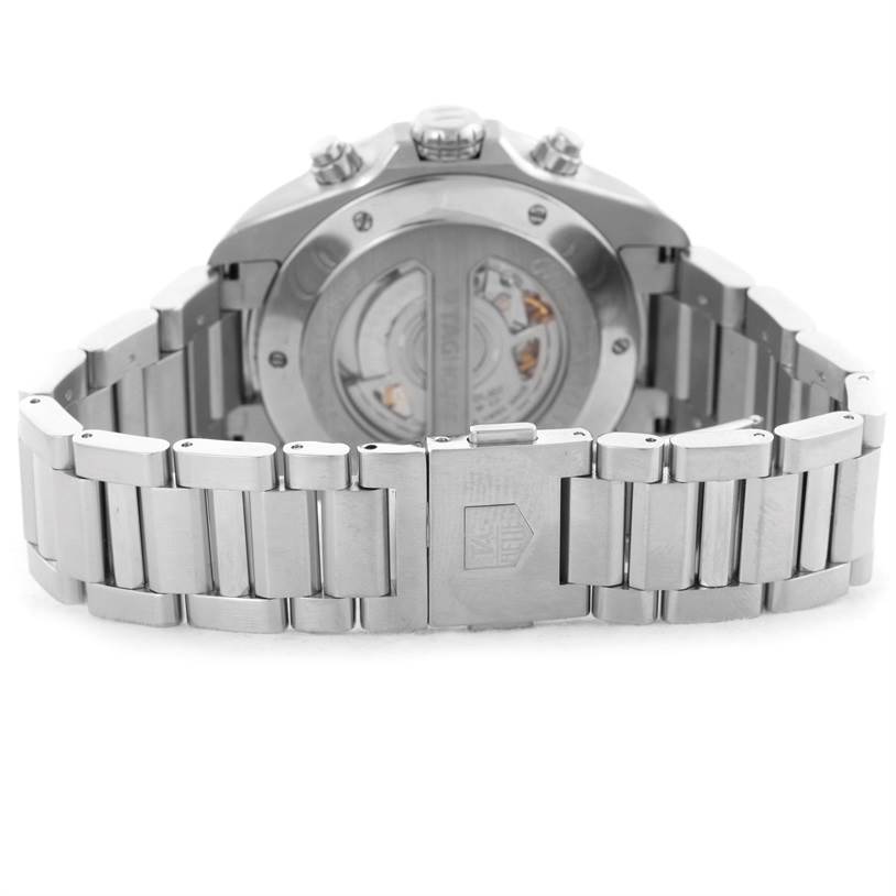 The image shows the back view of a Tag Heuer Carrera CAV511A Men's Stainless Steel Black Dial CAV511A Men's Stainless Steel Black Dial watch, highlighting the clasp and rear movement through a transparent case back.