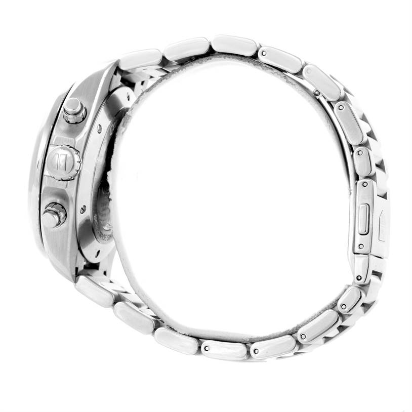 The image shows a side profile of the Tag Heuer Carrera CAV511A Men's Stainless Steel Black Dial CAV511A Men's Stainless Steel Black Dial watch, highlighting the side buttons, crown, and part of the bracelet.