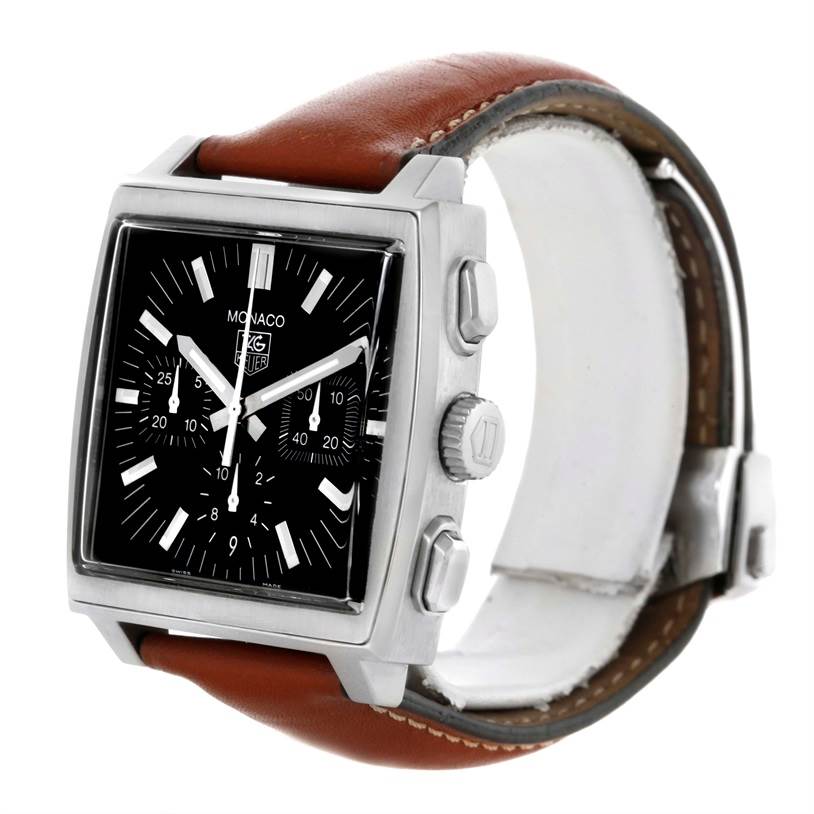 This image shows a side view of the Tag Heuer Monaco CW2111 Men's Stainless Steel Black Dial CW2111 Men's Stainless Steel Black Dial watch with a brown leather strap.
