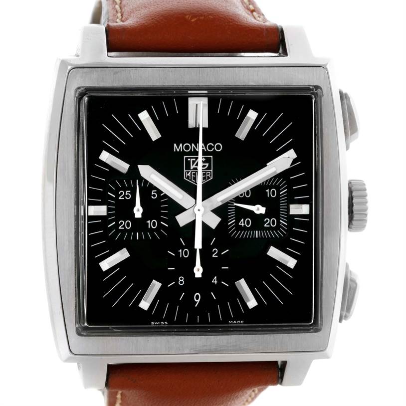 The image shows a frontal view of a Tag Heuer Monaco CW2111 Men's Stainless Steel Black Dial CW2111 Men's Stainless Steel Black Dial watch with a black dial and brown leather strap.