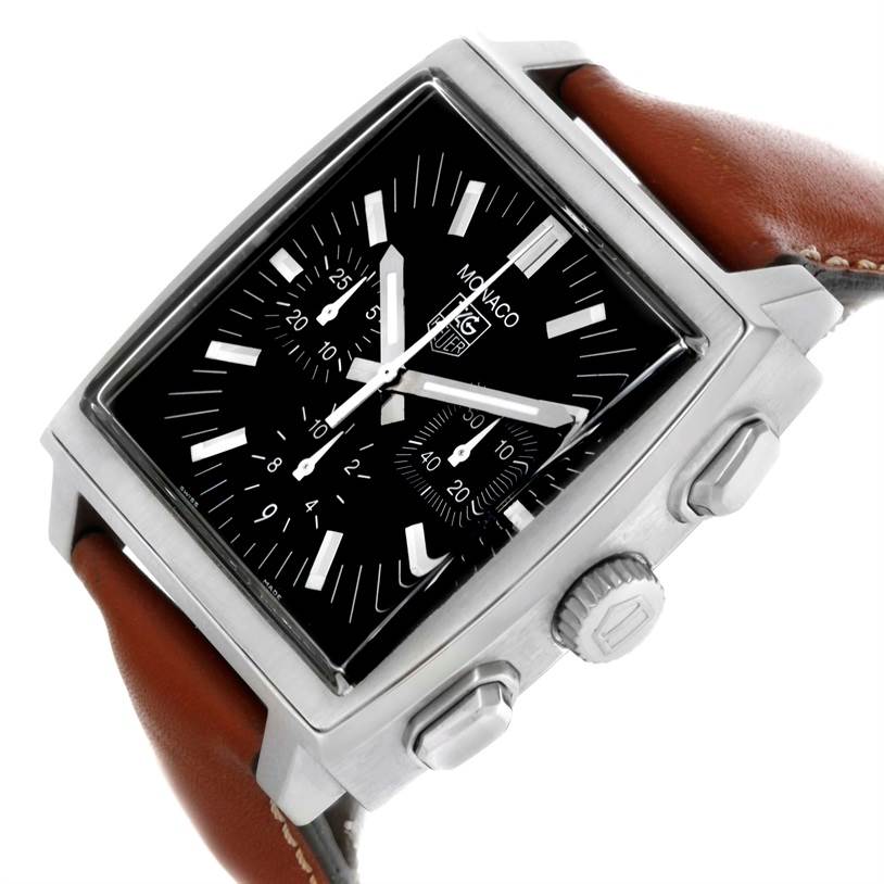 The Tag Heuer Monaco CW2111 Men's Stainless Steel Black Dial CW2111 Men's Stainless Steel Black Dial watch is shown at a slight angle, highlighting the dial, crown, pushers, and leather strap.