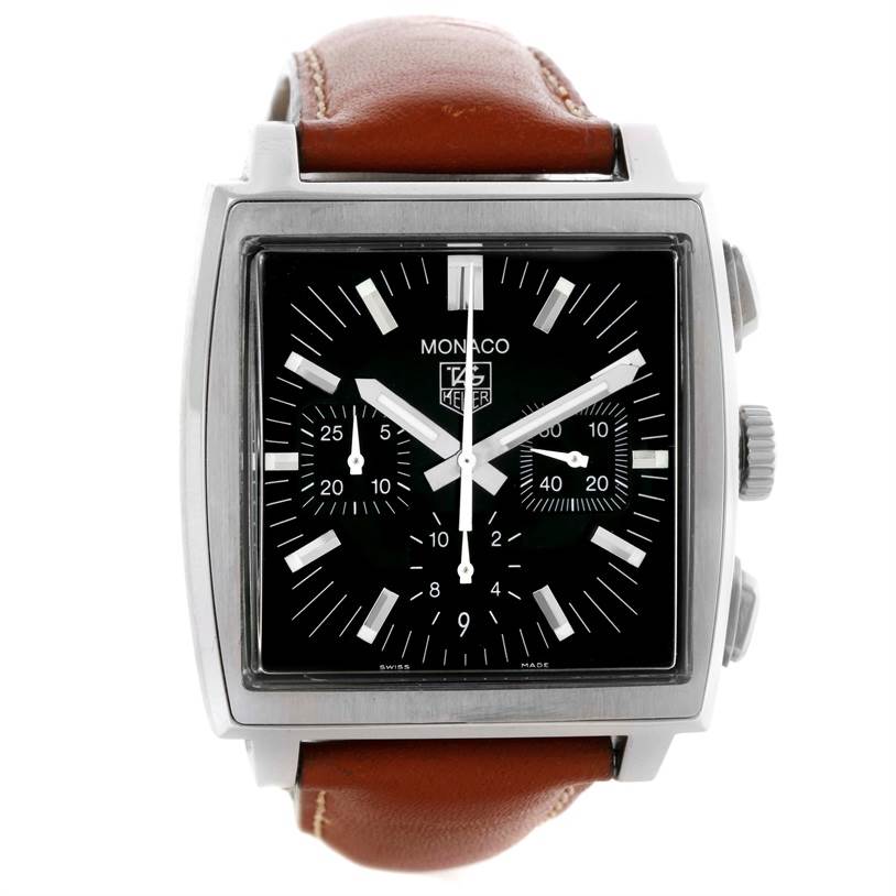 The image shows the front view of a Tag Heuer Monaco CW2111 Men's Stainless Steel Black Dial CW2111 Men's Stainless Steel Black Dial watch with a black dial and brown leather strap.